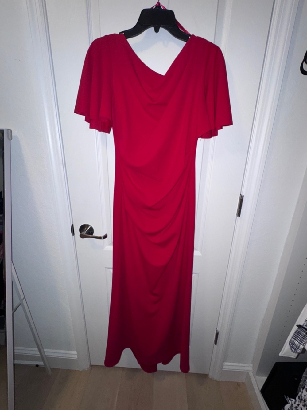 Betsy & Adam Vibrant Red Draped Maxi with Flutter Sleeves